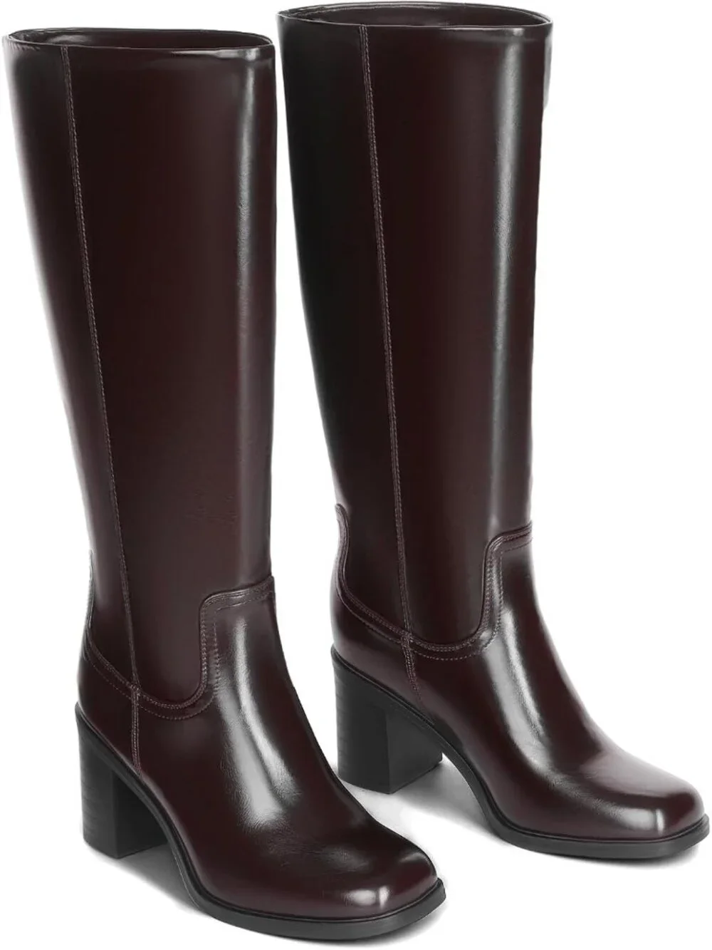 Women's Burgundy Chunky Block Heel Square Toe Faux Leather Long Knee High Boots